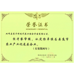 農豐祥市級農頭企業榮譽證書(shū)